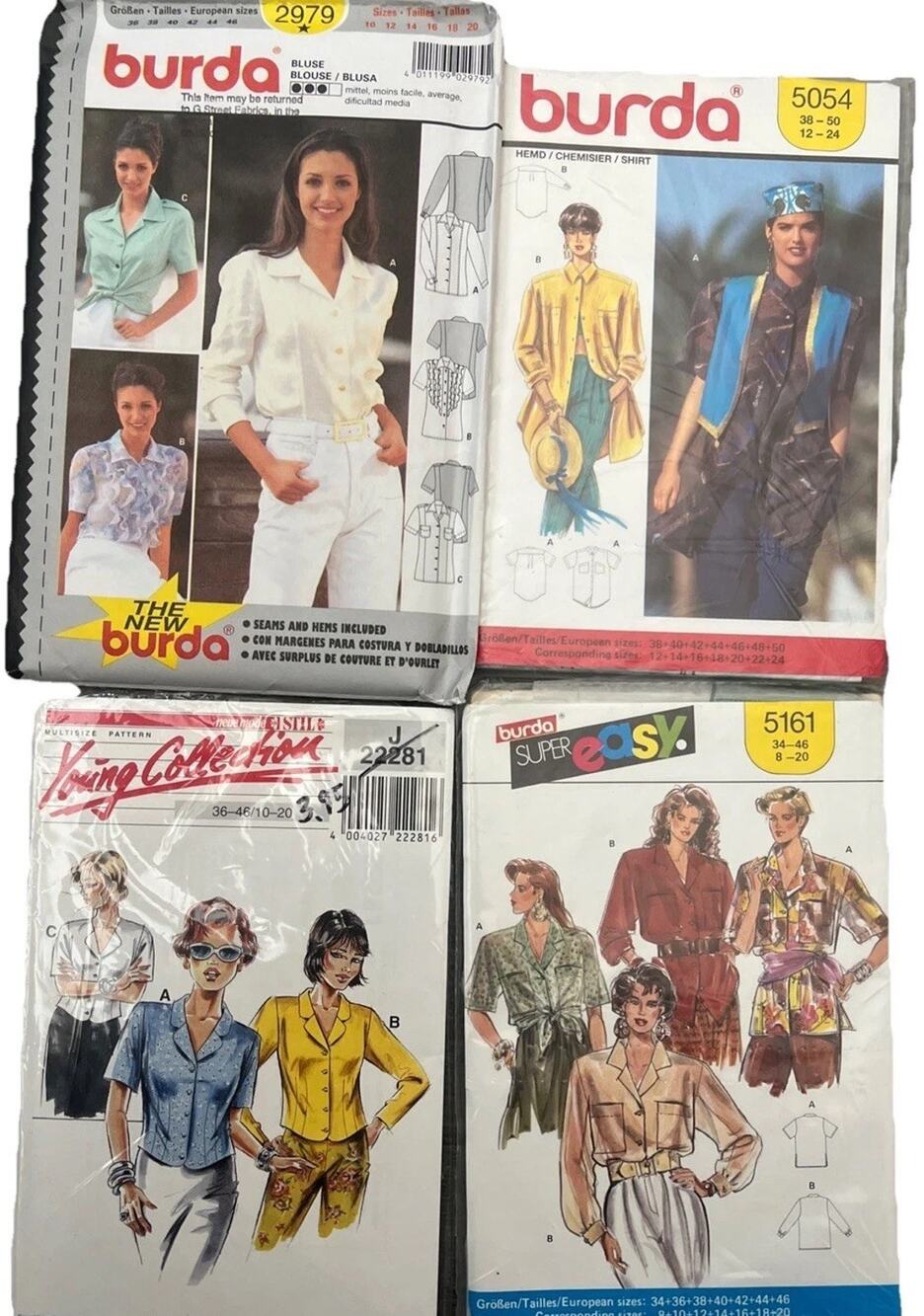 Lot Of 4 Vintage Burda Sewing Patterns Shirt Button Up Blouse Plus Sizes 8-20 UC
